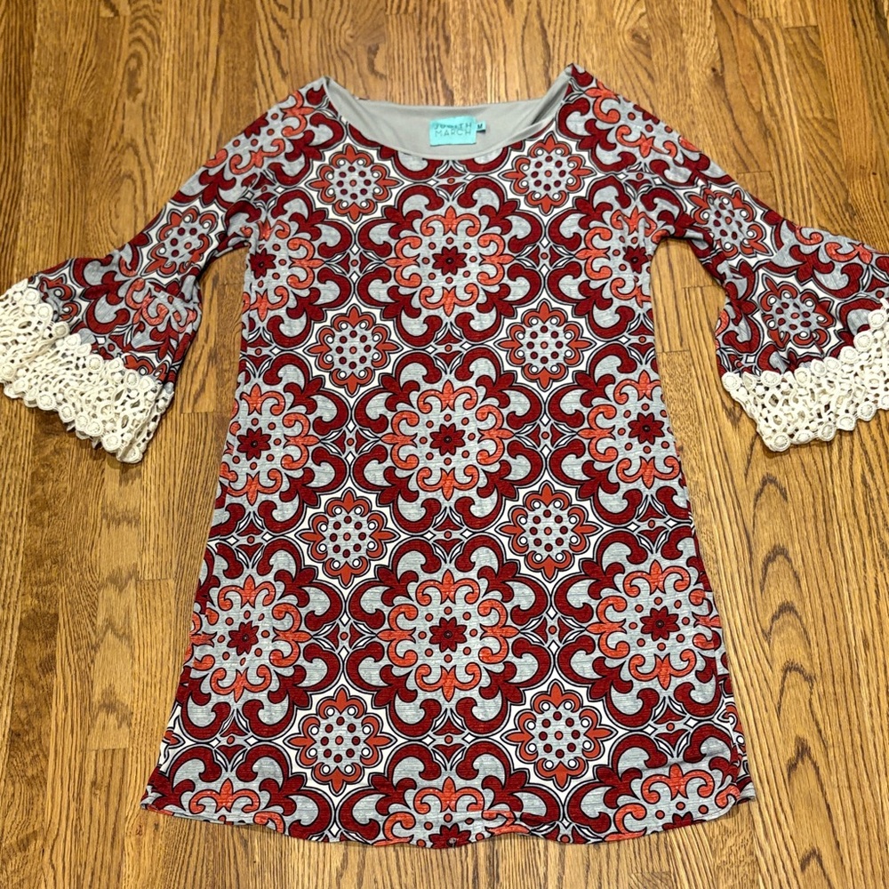 Judith March Red and Gray Kids Dress with Lace Sleeves
